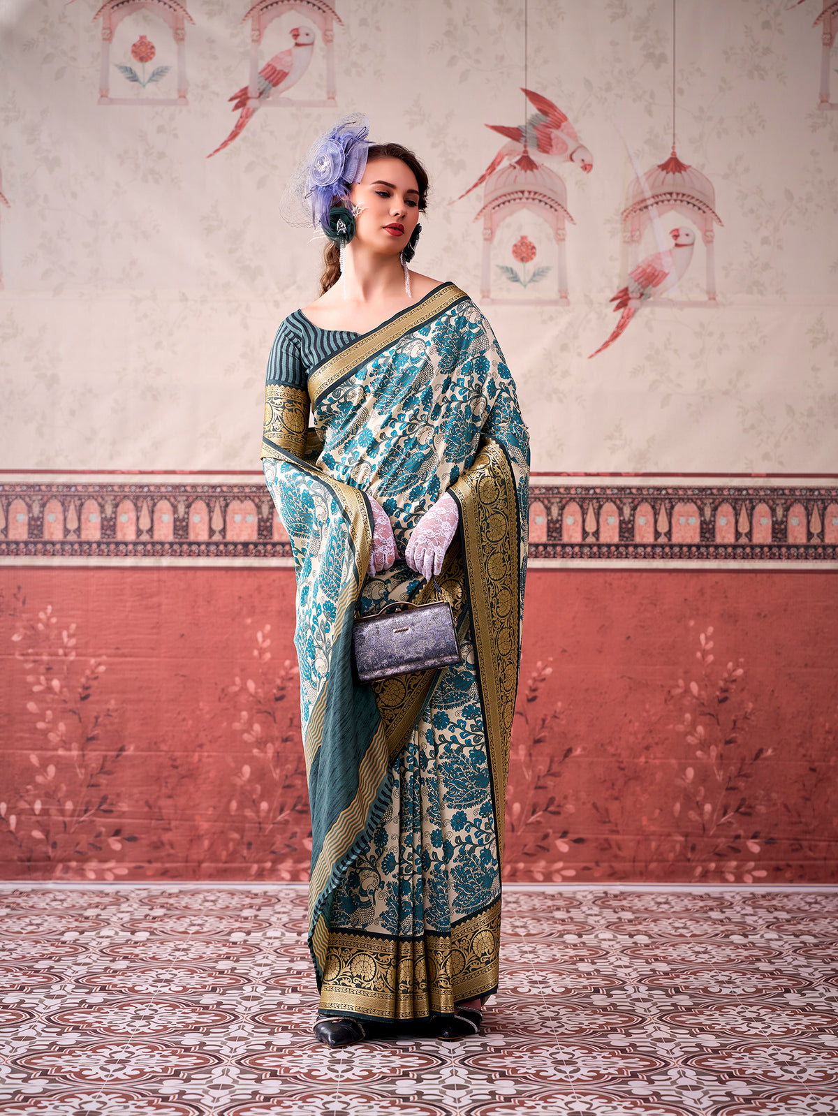 Sky Blue Color Printed With Viscose Border Tasar Silk Saree