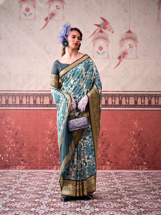 Sky Blue Color Printed With Viscose Border Tasar Silk Saree