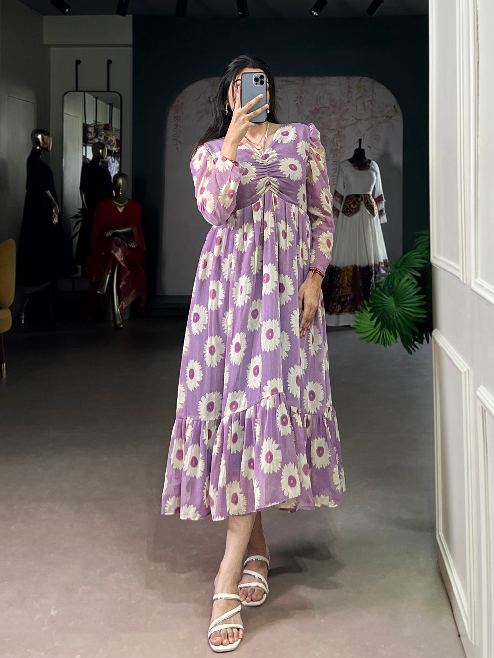 Lavender Color Floral Print With Foil Work Marbel Fancy Frock