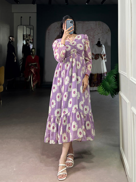 Lavender Color Floral Print With Foil Work Marbel Fancy Frock