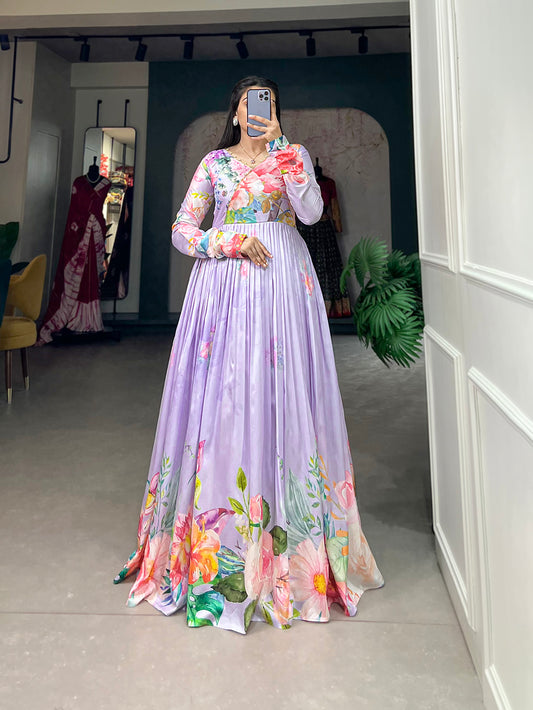 Lavender Color Floral Printed Tussar Silk Dress