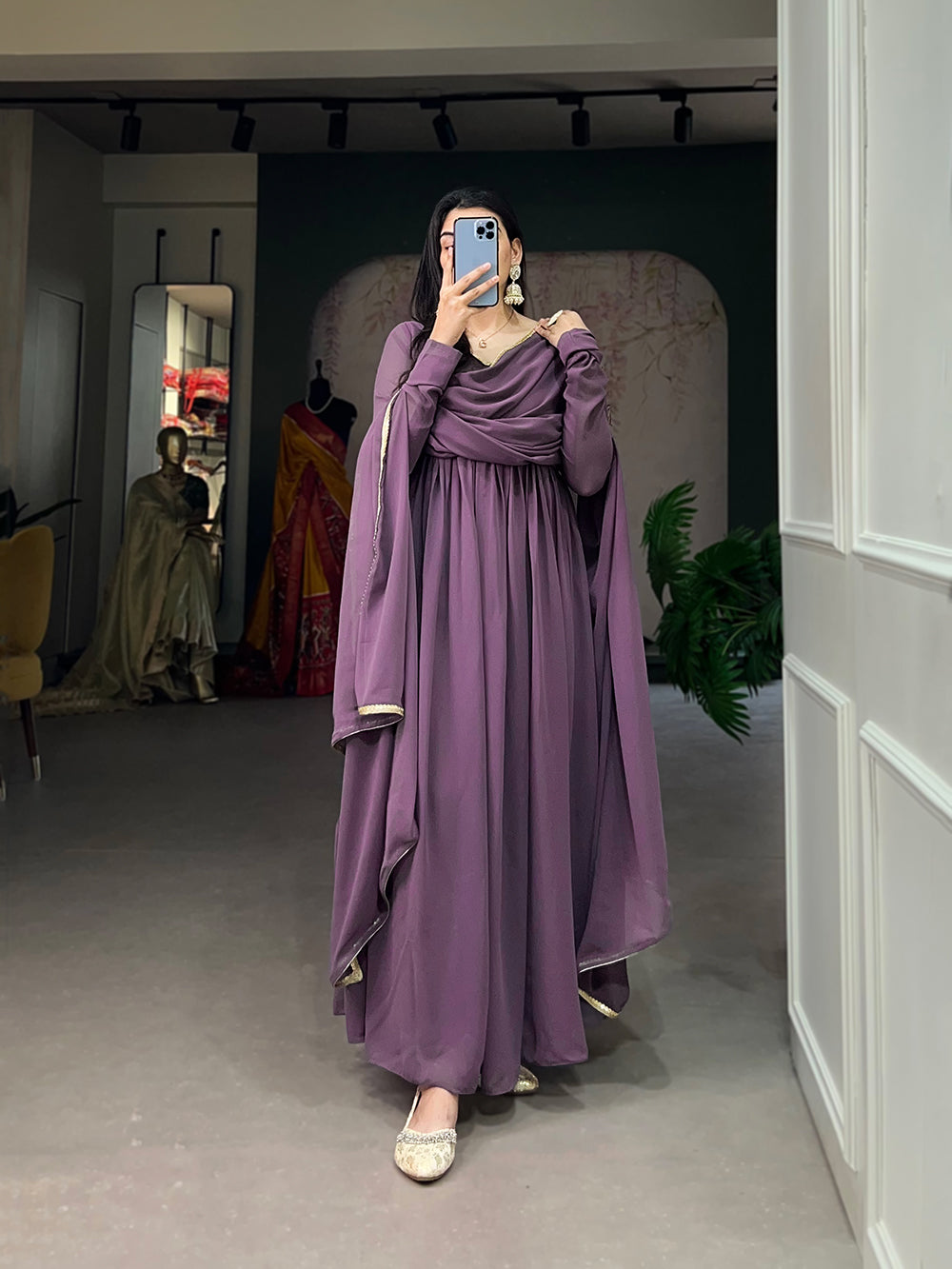 Lavender Color Plain And Sequins Embroidery Lace Georgette Dress