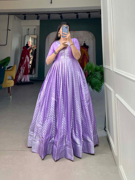 Lavender Color Zari Weaving Work Jacquard Silk Dress