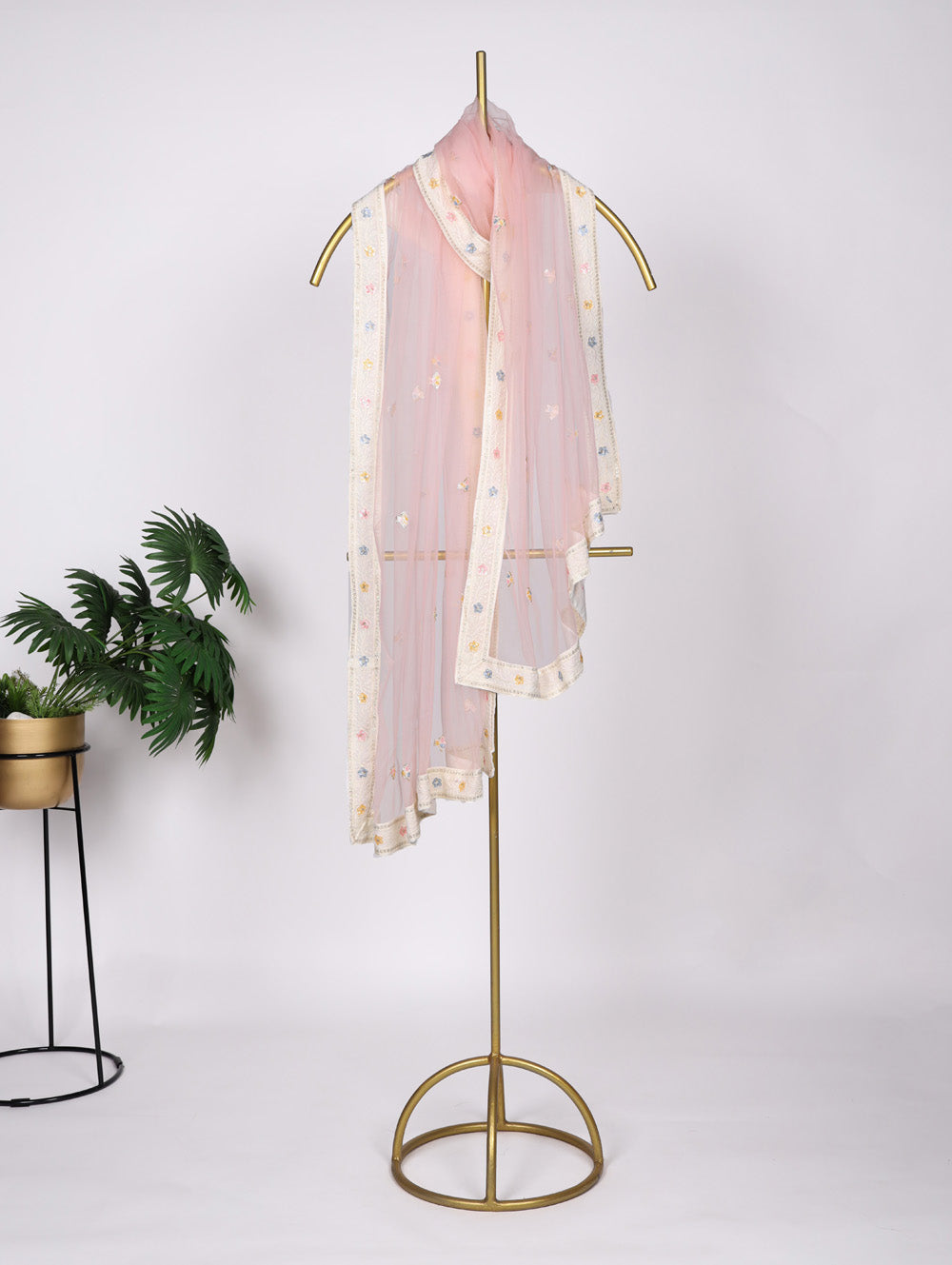 Light Pink Color Lucknowi Embroidery Lace Border Net Dupatta