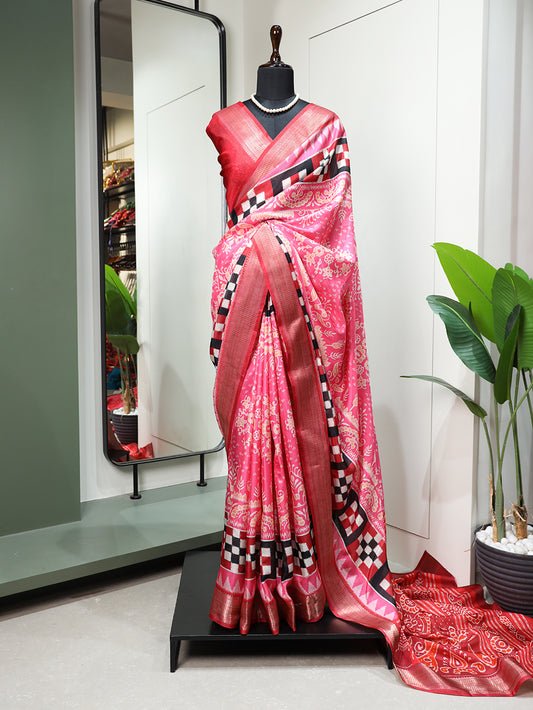 Light Pink Color Printed With Zari Border Dola Silk Fancy Saree