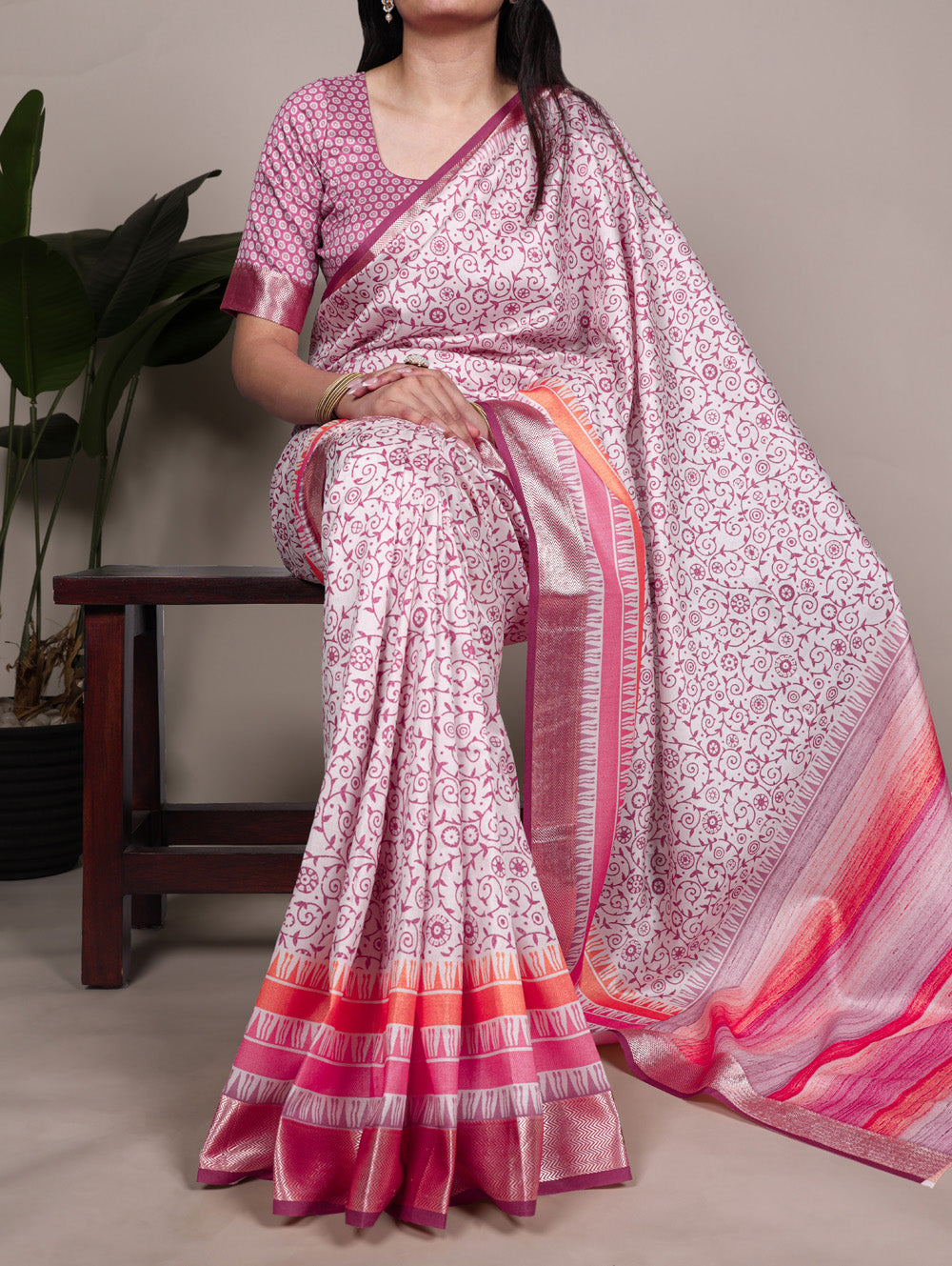 Light Pink Color Printed Tasar Silk With Viscose Border Saree