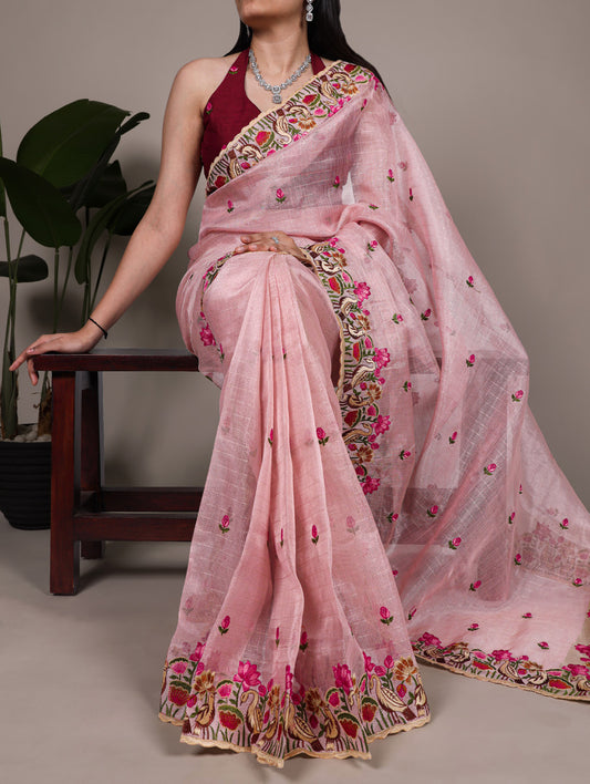 Light Pink Color Thread Embroidery Work Zari Kota Tissue Saree