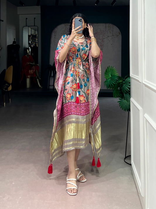 Light Pink Color Digital Printed Pure Gaji Silk Kaftan