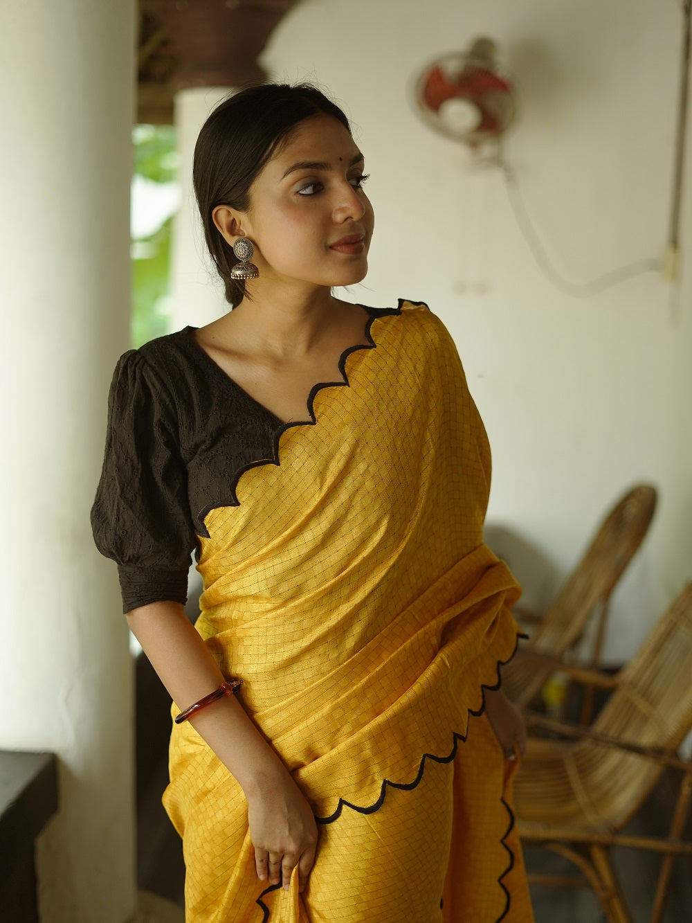 Yellow Color Gadhawal Chex Material & Arca Work Saree