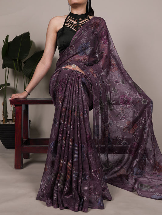 Wine Color Floral Viscose Lurex Brasso Saree