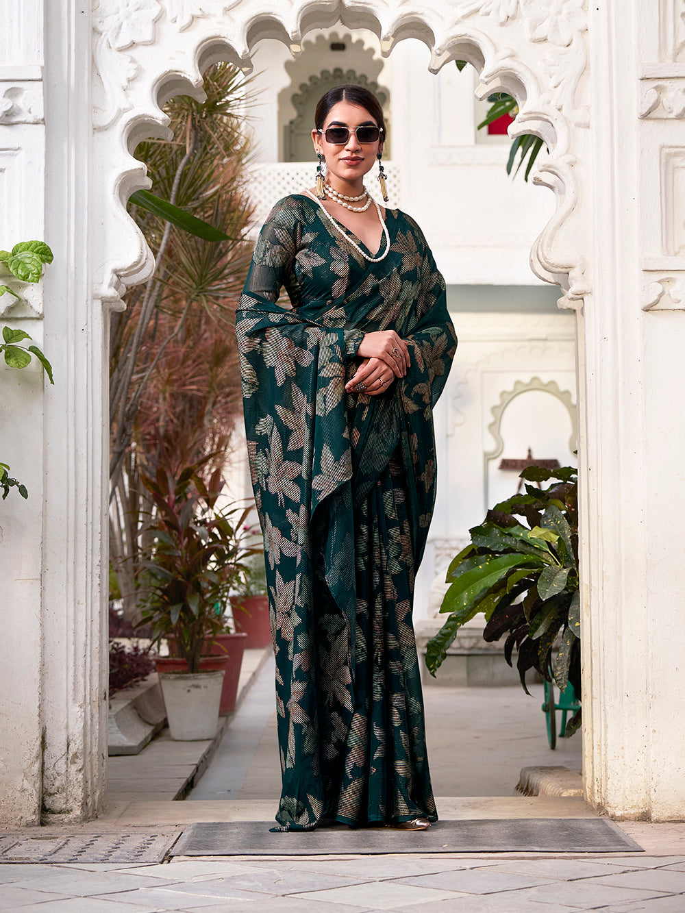 Bottle Green Color Floral Viscose Lurex Brasso Saree