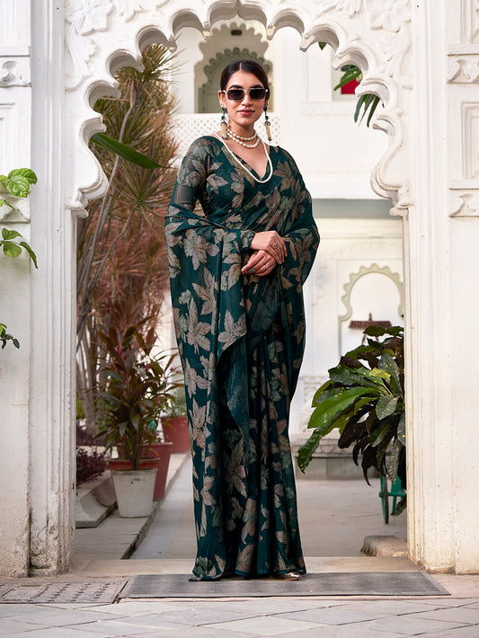 Bottle Green Color Floral Viscose Lurex Brasso Saree