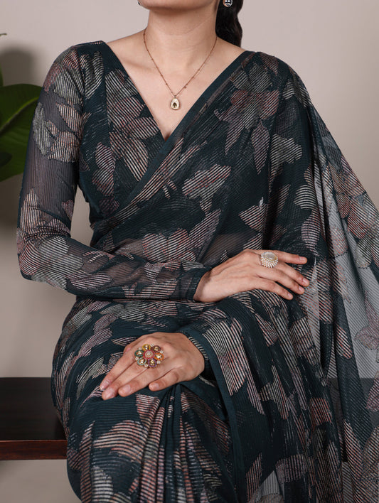 Bottle Green Color Floral Viscose Lurex Brasso Saree