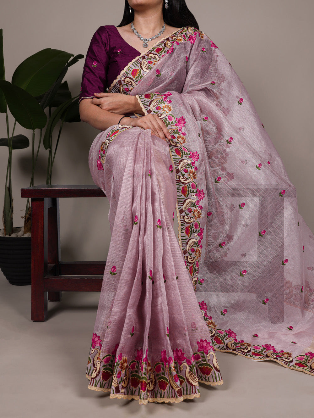 Lavender Color Thread Embroidery Work Zari Kota Tissue Saree