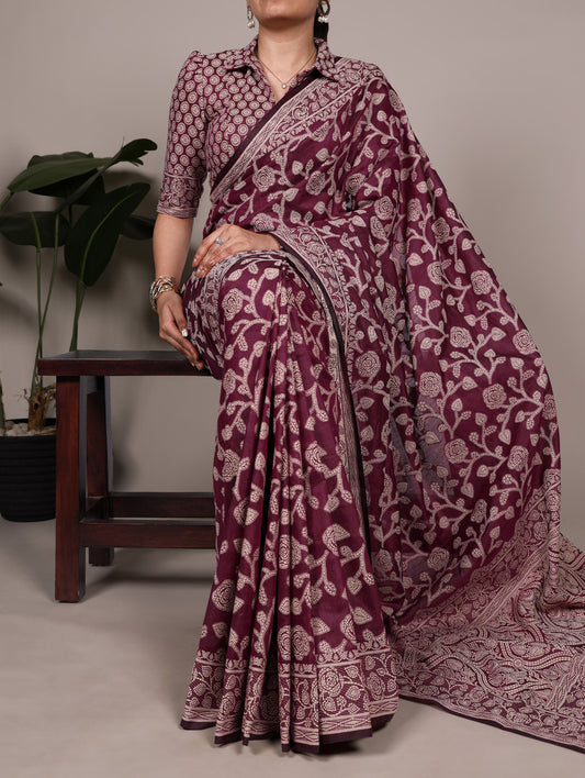Magenta Color Printed Cotton Silk Saree
