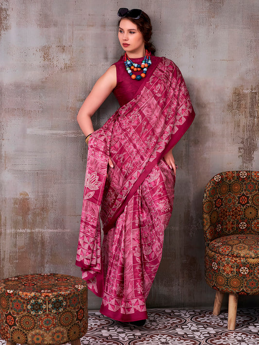 Magenta Pink Color Satin silk Saree