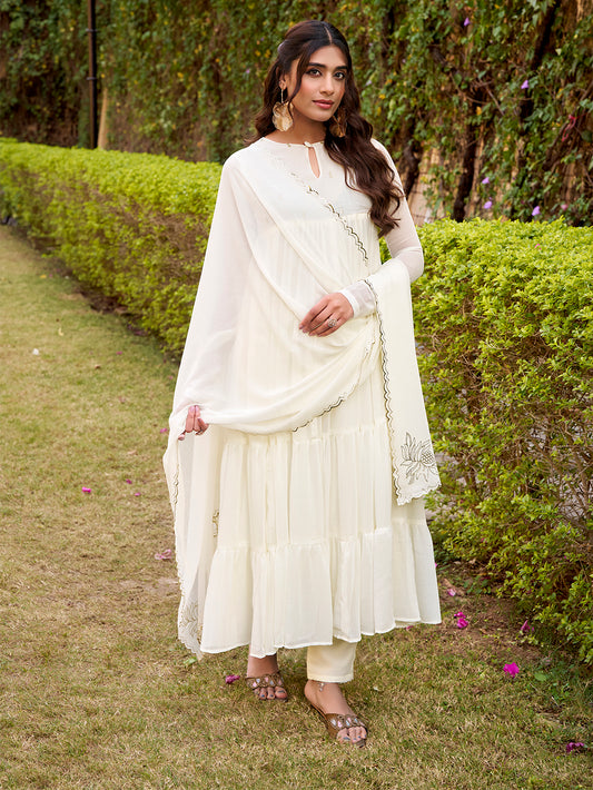 White Color Foil Work Marbel Gown