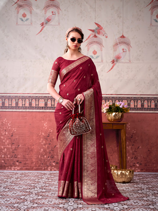 Maroon Color Women Wear Chinon Saree