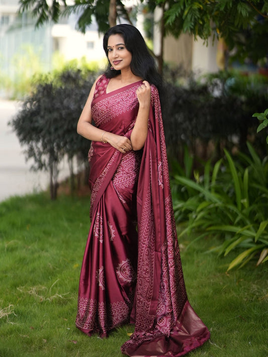 Maroon Color Printed And Foil Work Semi Gaji Satin Saree