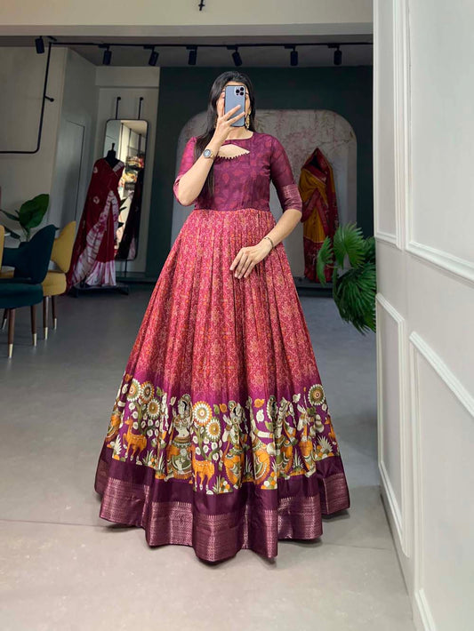 Wine Color Printed With Weaving Work Tussar Silk Dress