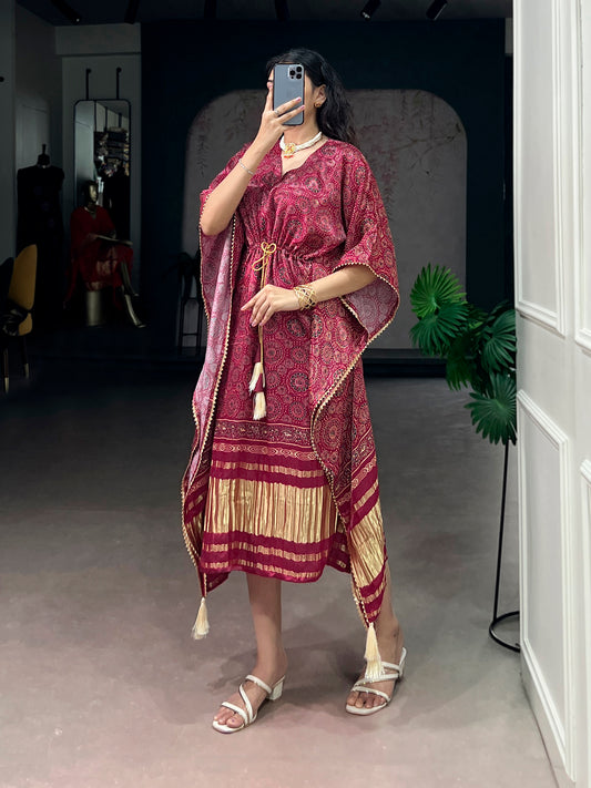 Maroon Color Digital Print With Gotta Patti Lace Border Gaji Silk Kaftan