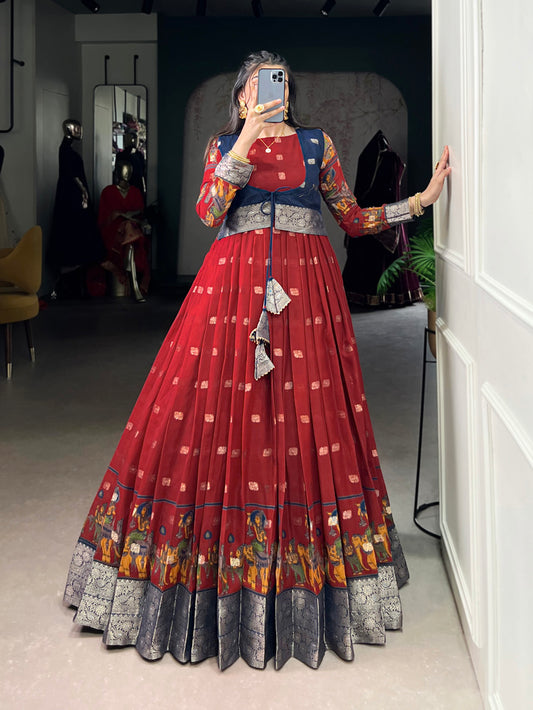 Maroon Color Kalamkari With Zari Weaving Work Poly Cotton Gown