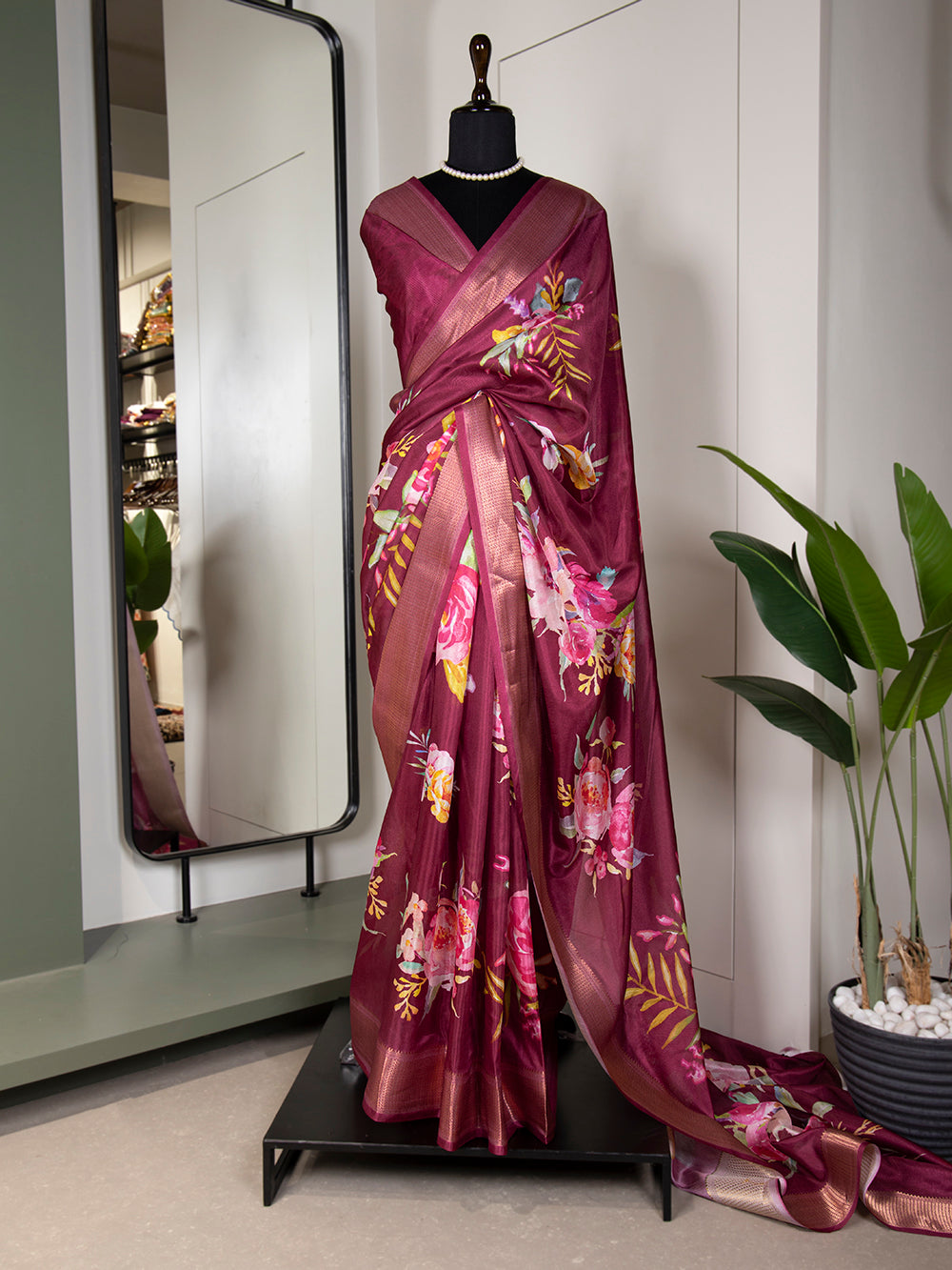 Maroon Color Printed With Zari Border Dola Silk Saree