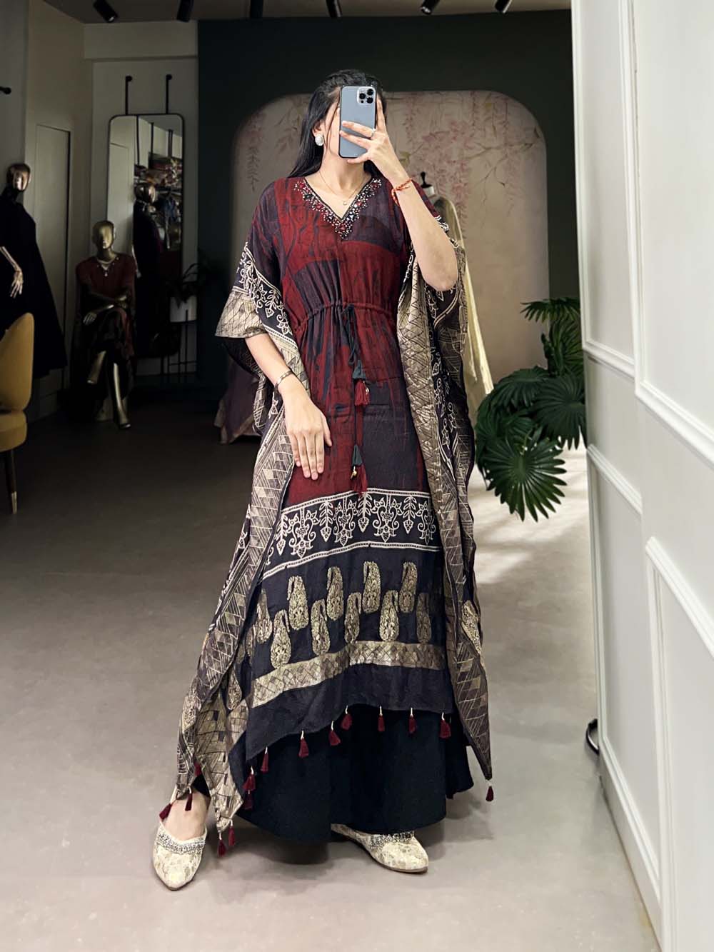 Maroon Color Real Mirror Hand Work Pure Viscose Zari Border Kaftan