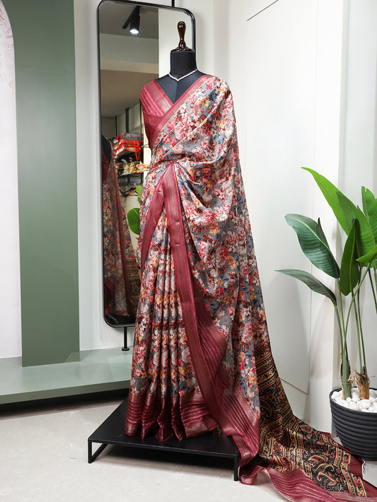 Maroon Color Printed With Sequins And Zari Work Border Dola Silk Saree