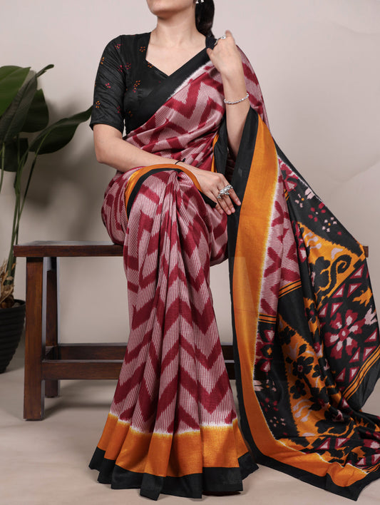 Maroon Color Printed Tasar Silk Saree