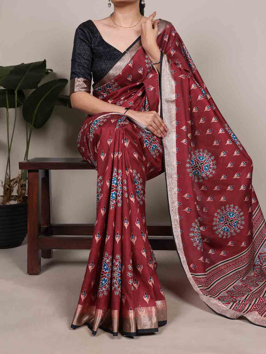 Maroon Color Festival Wear Tasar Silk Saree