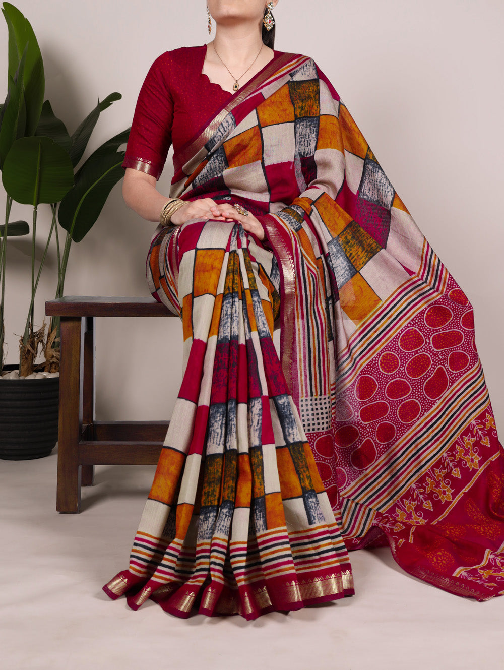 Maroon Color Printed With Temple Border Polyester Viscose Chanderi Saree
