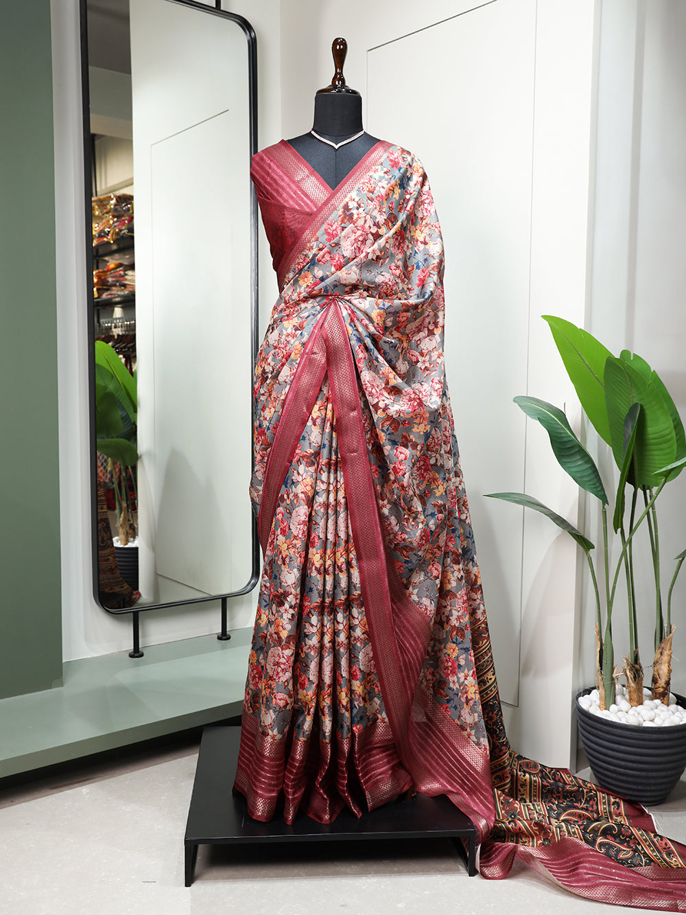 Maroon Color Printed With Sequins And Zari Work Border Dola Silk Saree