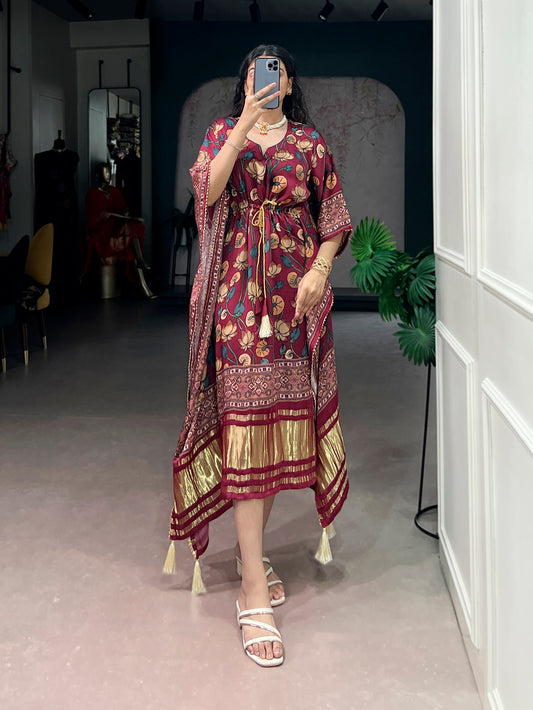 Maroon Color Digital Printed Pure Gaji Silk Kaftan
