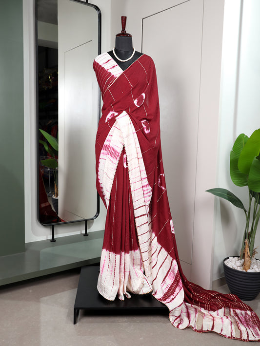 Maroon Color Sequins With Zari Line And Gota Patti Lace Border Viscose Chanderi Saree