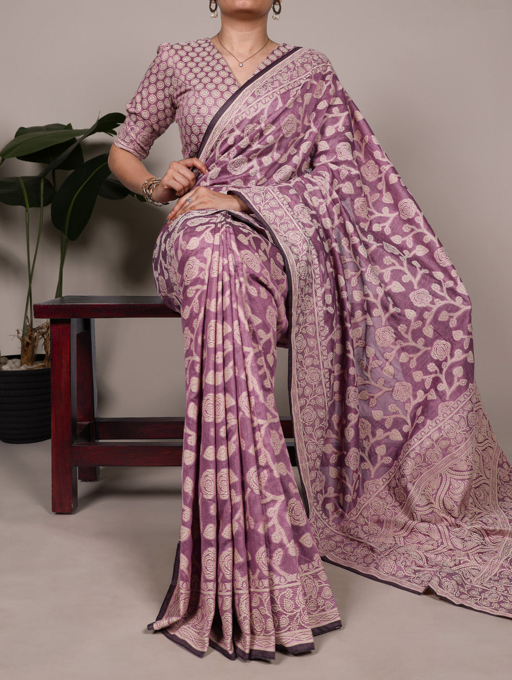 Mauve Color Printed Cotton Silk Saree
