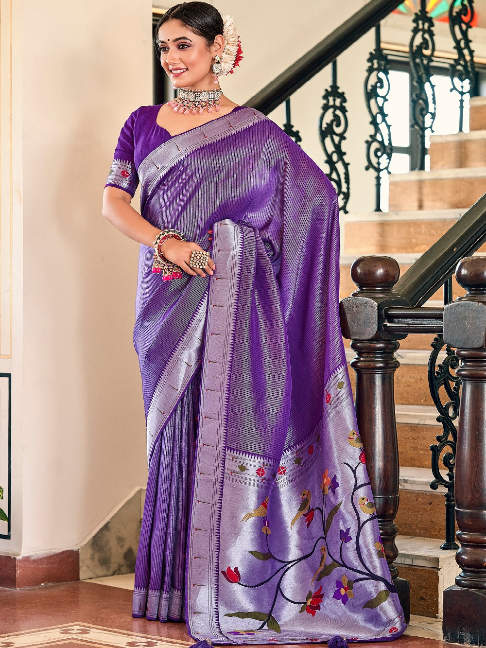 Purple Color Weaving Zari Work Paithani Meenakari Saree