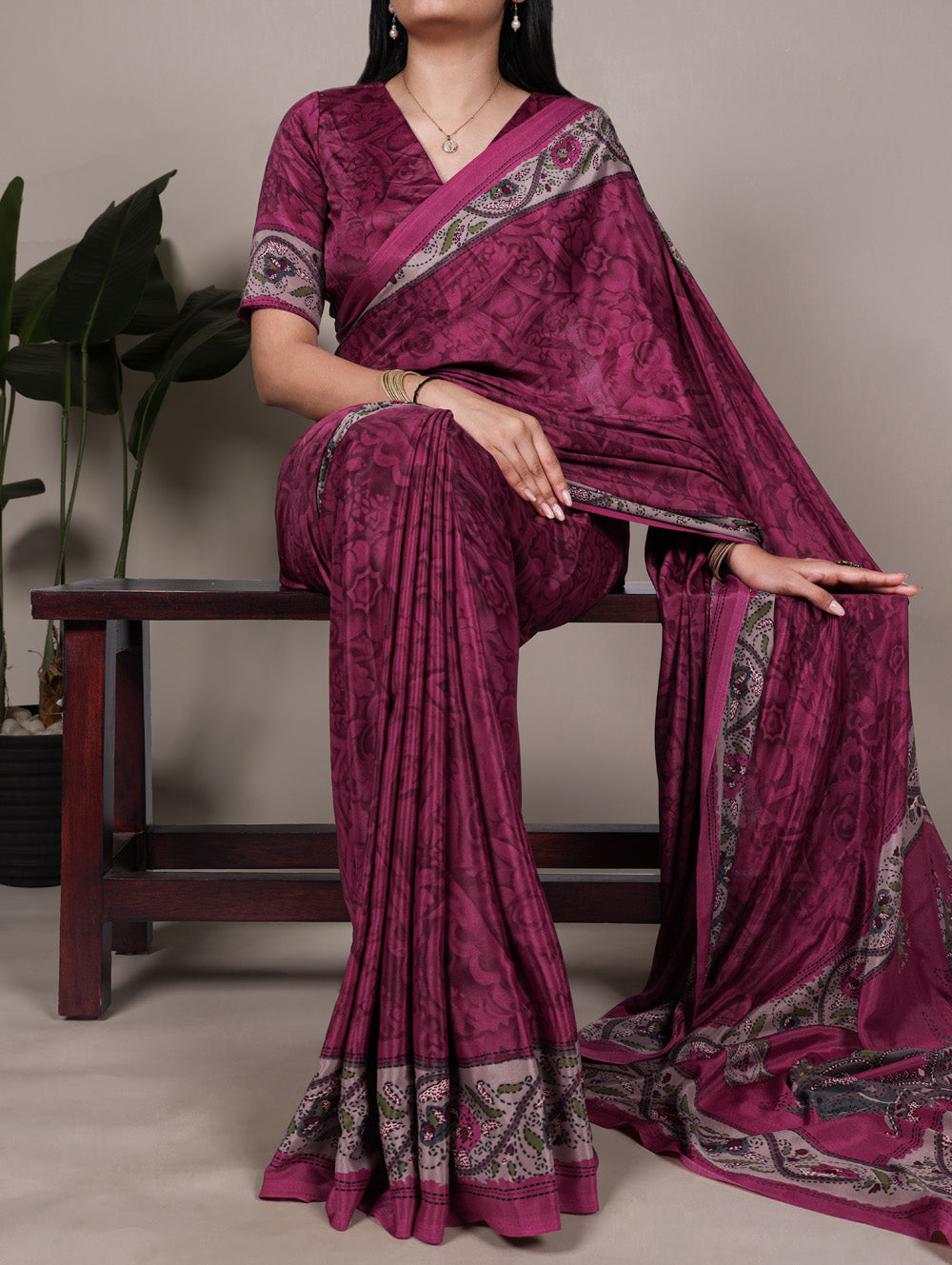 Megenta Pink Color Printed Crepe Saree