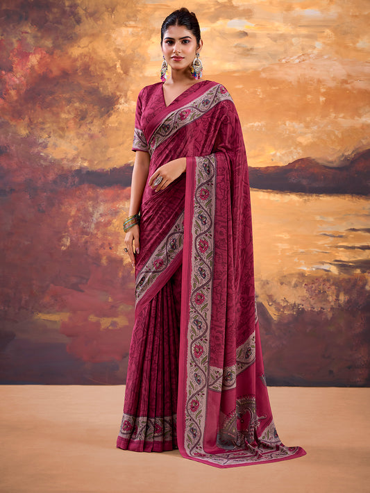 Megenta Pink Color Printed Crepe Saree