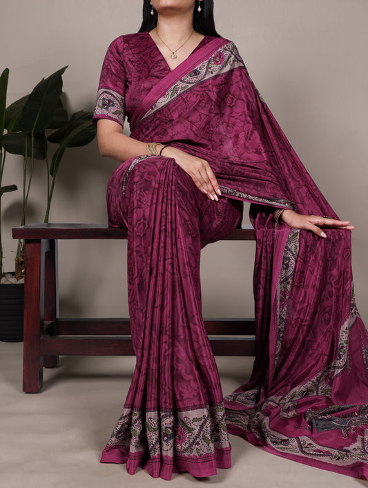 Megenta Pink Color Printed Crepe Saree
