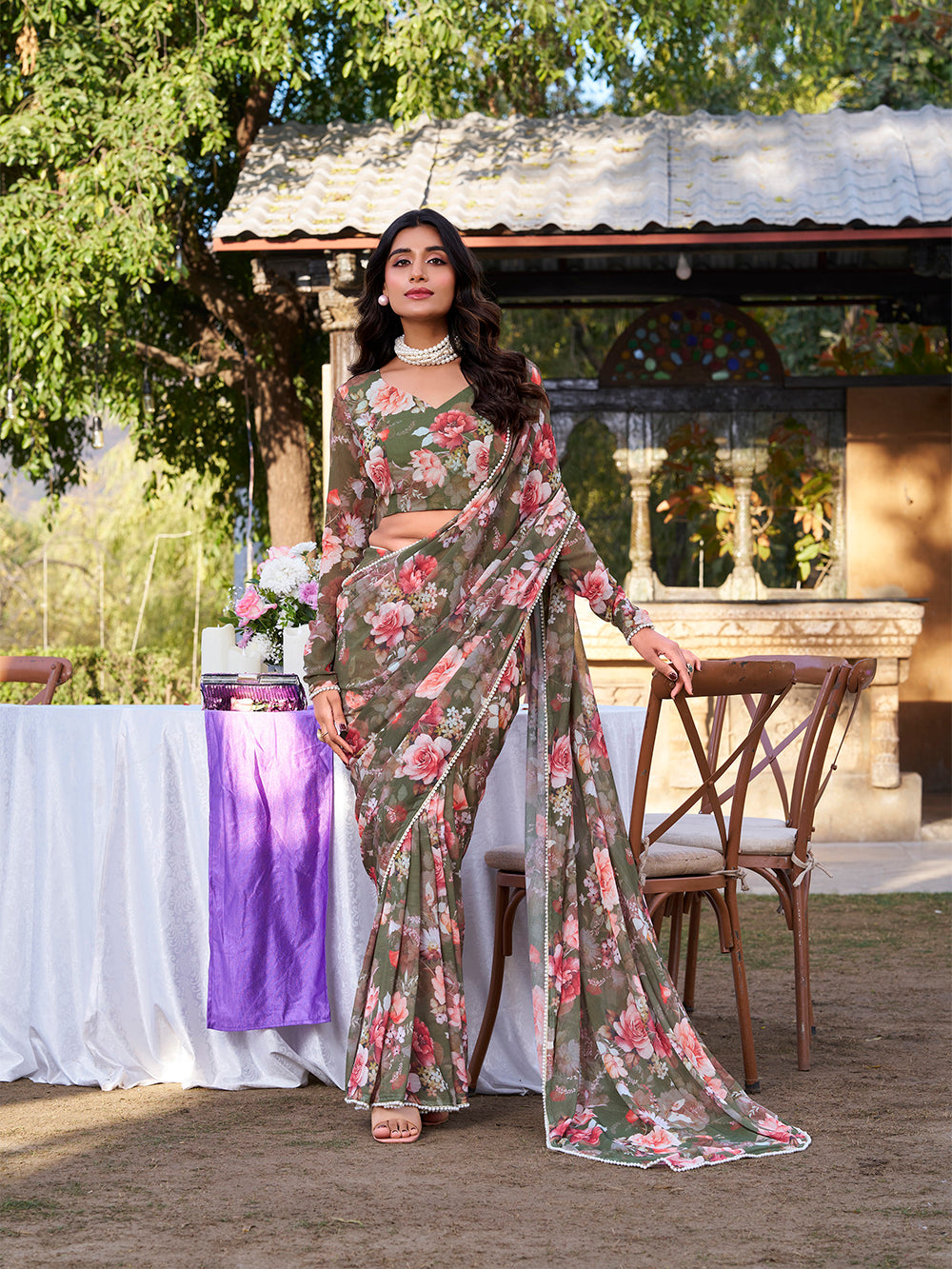 Mehandi Color Printed With Peral Lace Border Weightless Marbal
