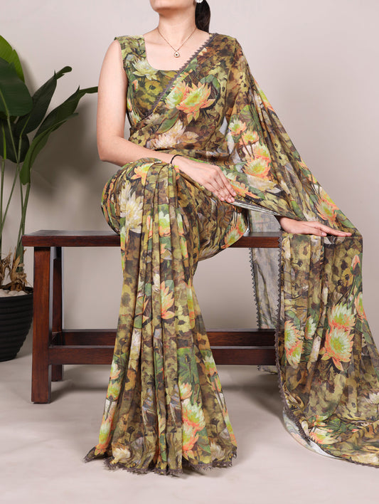 Mehandi Color Floral Printed With Lace Border Weightless Marbal Saree