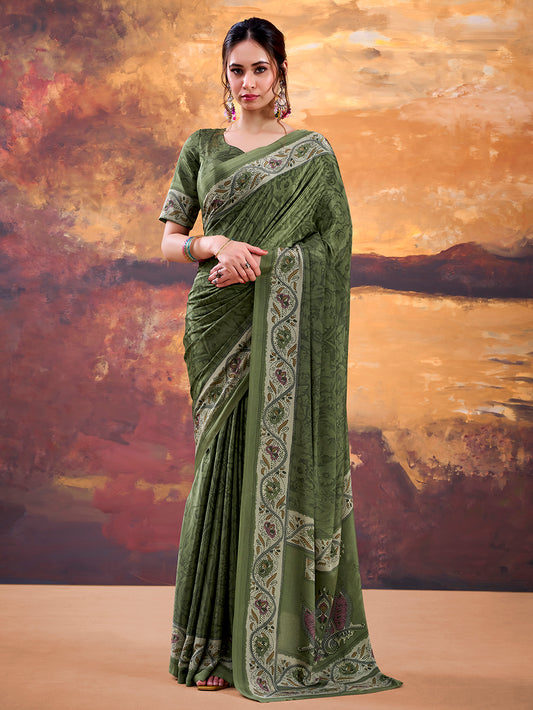 Mehendi Color Printed Crepe Saree