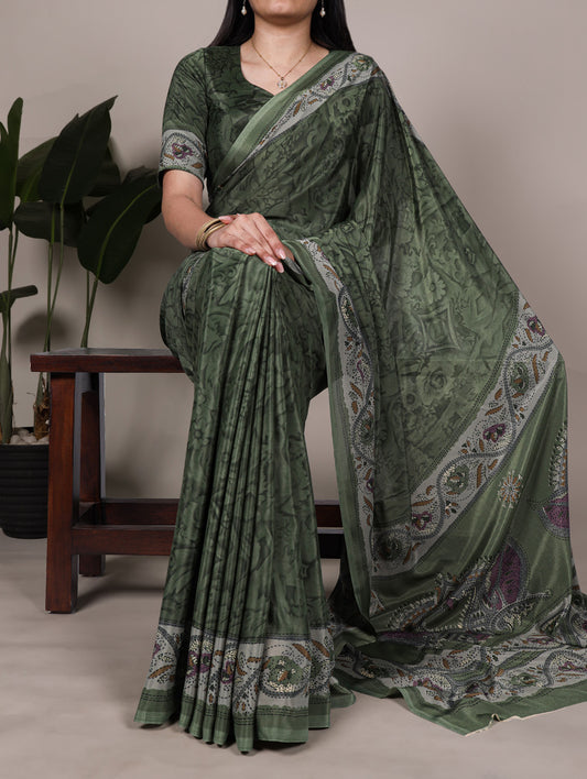 Mehendi Color Printed Crepe Saree