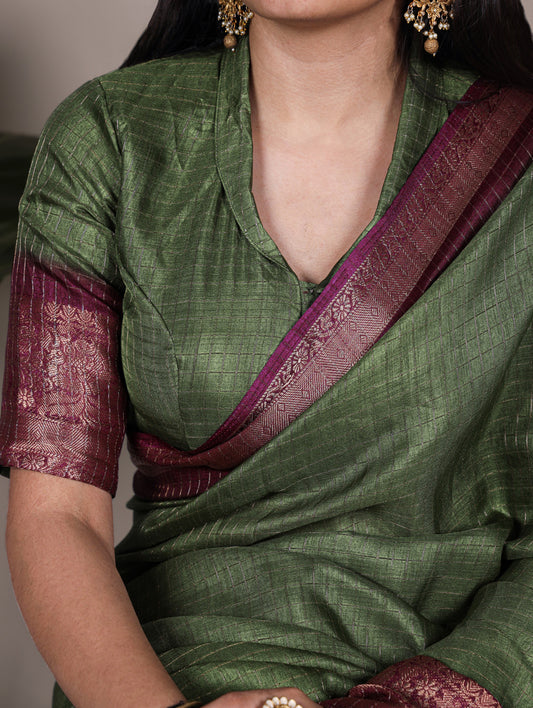 Mehendi Color Zari Weaving Work Dola Chex Saree