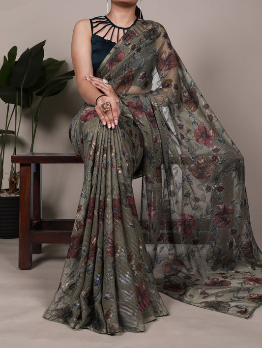 Mehendi Color Floral Viscose Lurex Brasso Saree
