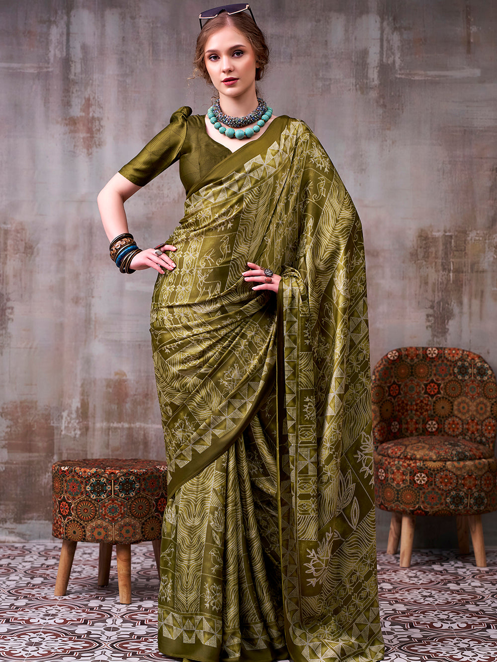 Mehendi Color Satin silk Saree