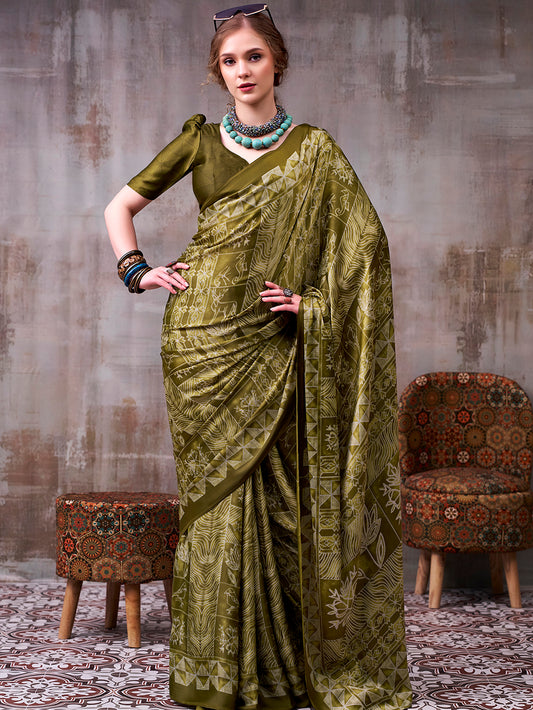 Mehendi Color Satin silk Saree