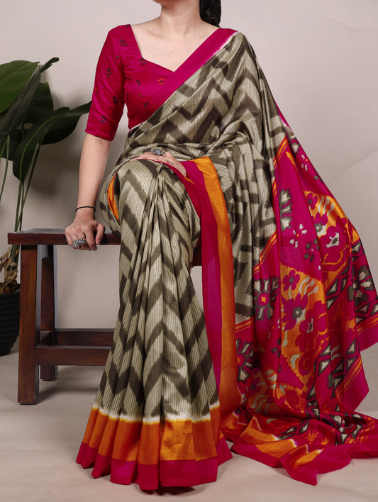 Mehendi Color Printed Tasar Silk Saree