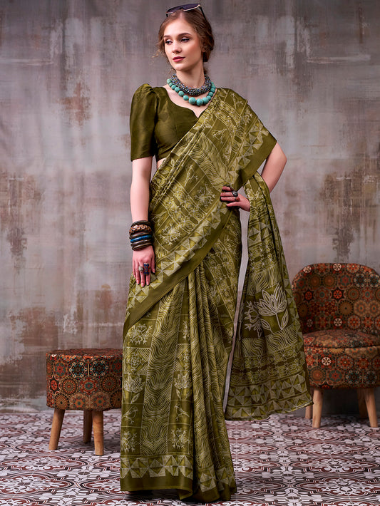 Mehendi Color Satin silk Saree